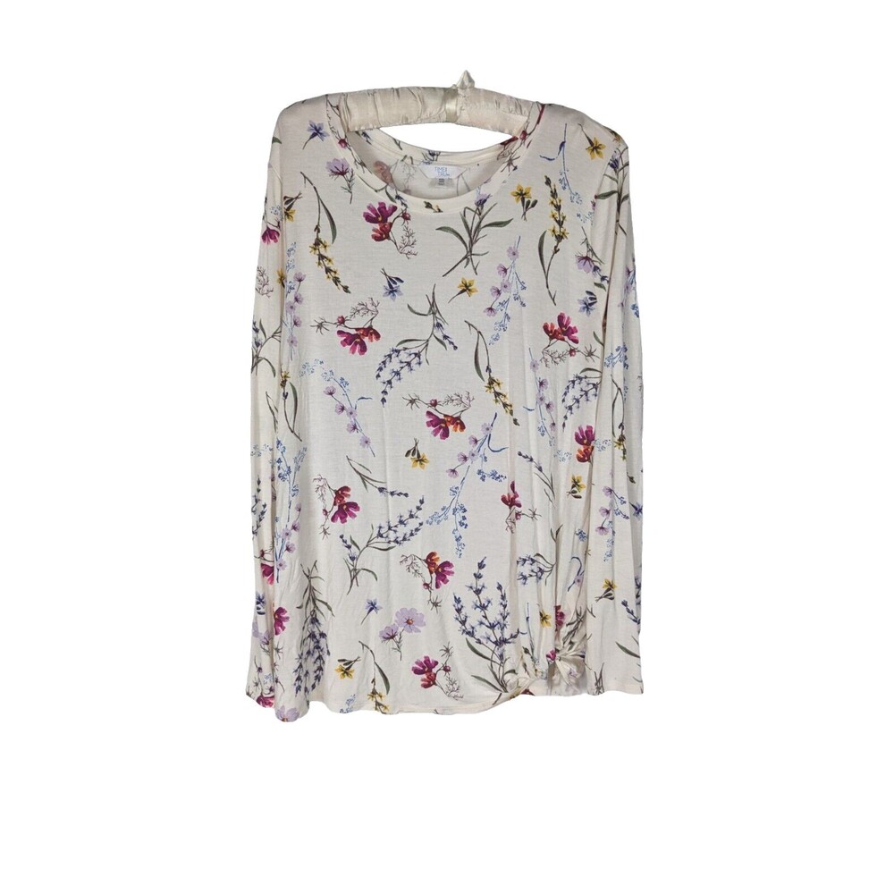 Time & Tru Blouse XXL White Floral Long Sleeve Knot Tie Hem Pullover Stretch
